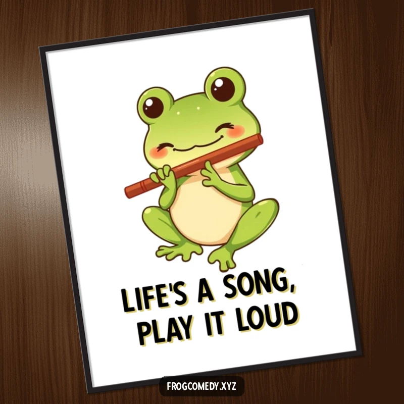 Funny Free Printable Wall Art: Kawaii stylized frog character playing a tiny flute with a big smile, musical downloadable decor.