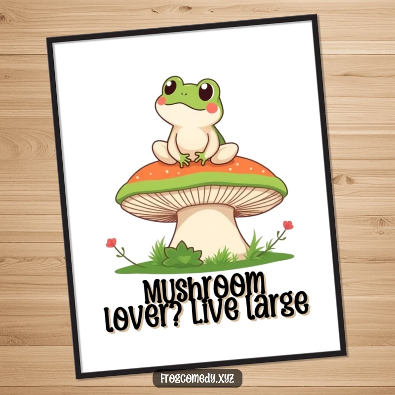 Funny Free Printable Wall Art: Kawaii frog perched on a mushroom, enjoying a serene and humorous landscape.