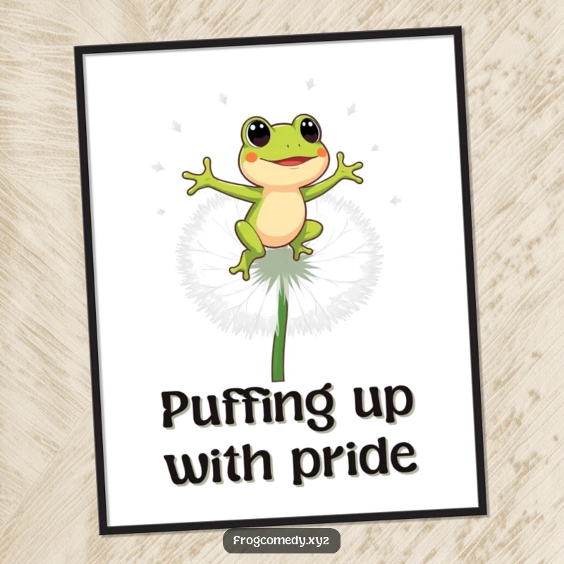 Funny Free Printable Wall Art: An energetic frog character mid-bounce on a giant dandelion puff, symbolizing joyful movement.