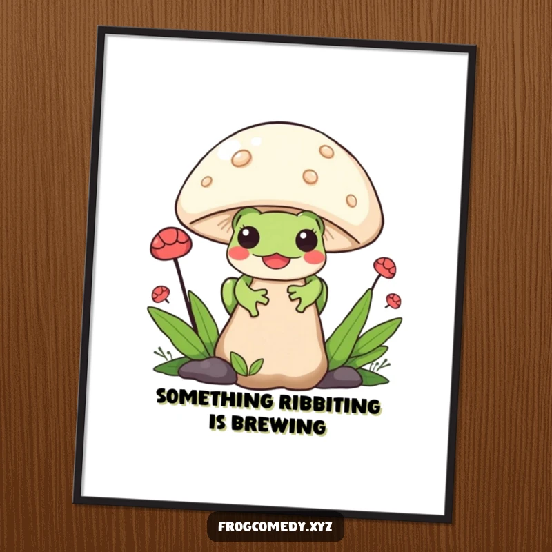 Funny Free Printable Wall Art: A shy Kawaii frog peeks from behind a giant, colorful mushroom.