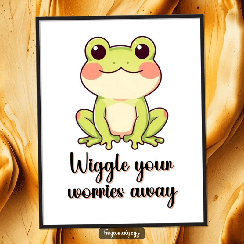 Funny Free Printable Wall Art of a frog with rosy cheeks doing a happy wiggle, bringing cheer and whimsy.