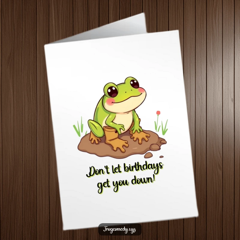 Funny free printable birthday card: A frog wearing boots comically slides on mud, a delightful downloadable.