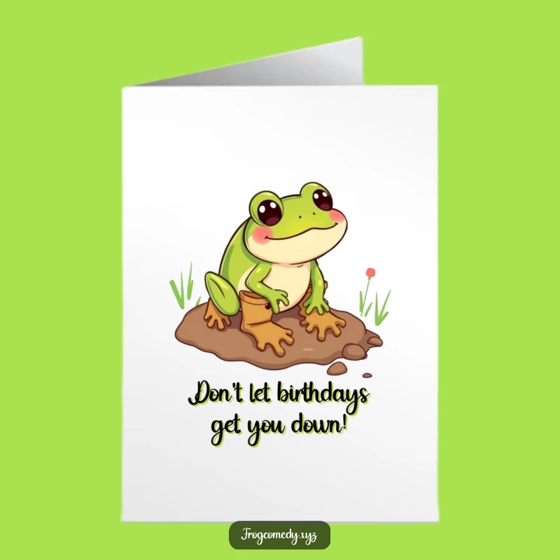 Free Printable Birthday Card: Frog in Boots Mudslide, Hilarious Downloadable Gift