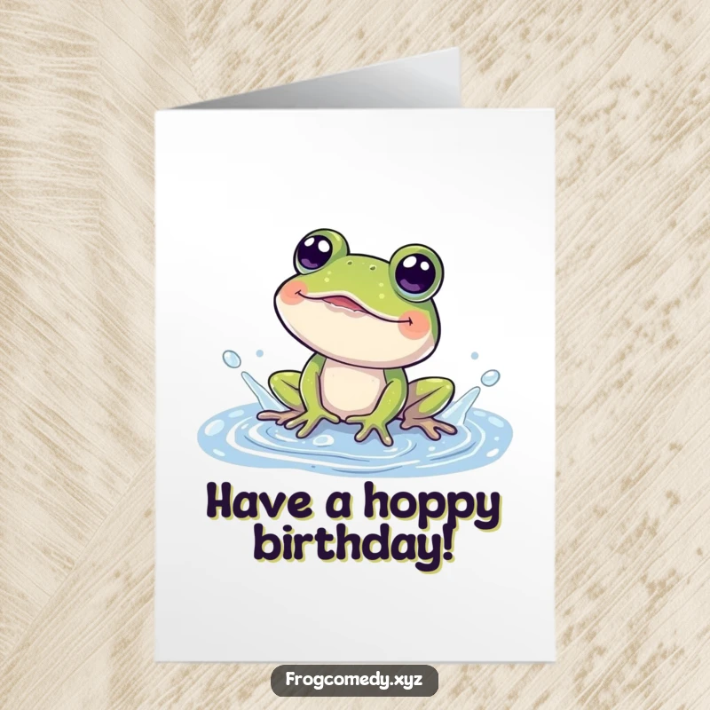 Funny Free Printable Birthday Card: Frog gleefully splashing in a puddle, eyes wide with joy, cartoon.