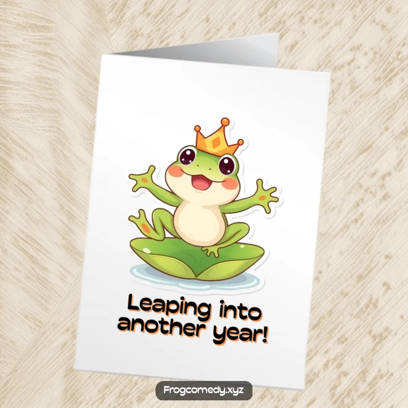 Funny Free Printable Birthday Card: A happy kawaii frog wearing a tiny crown leaps joyfully from a lily pad.
