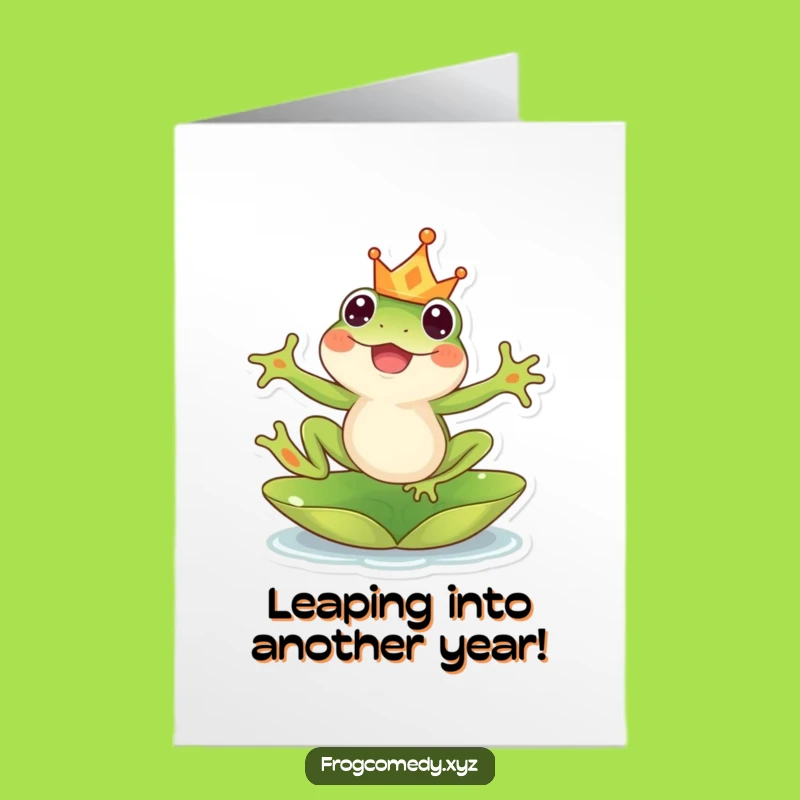 Free Printable Birthday Card: Happy Frog Crown Leap Funny Downloadable Gift