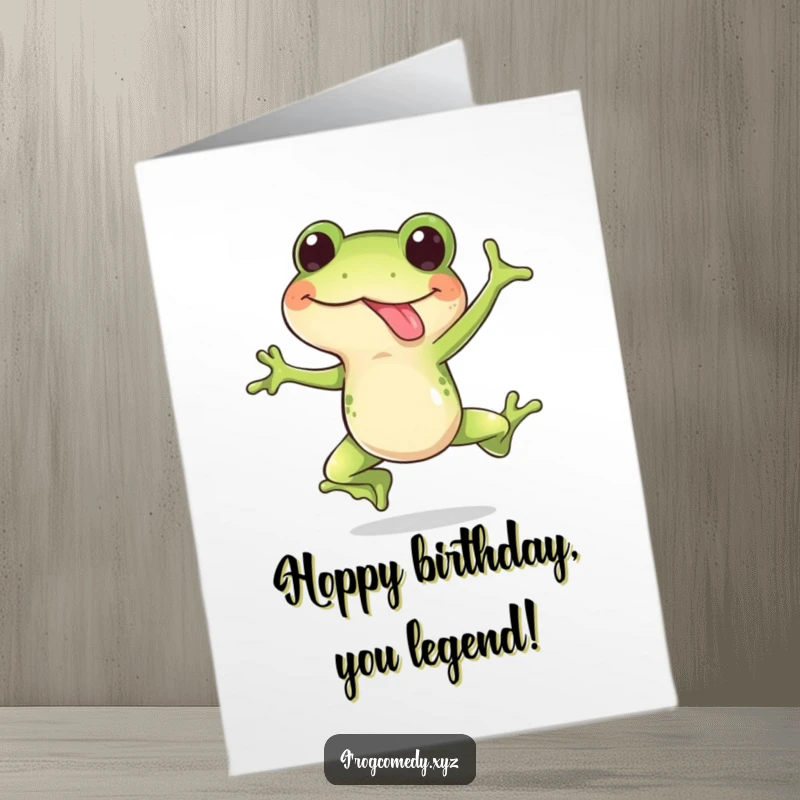 Funny Free Printable Birthday Card: A very happy frog mid-leap, tongue out in surprise, celebrating a birthday.