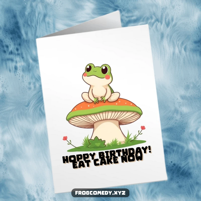 Funny Free Printable Birthday Card: Kawaii frog relaxing on a giant mushroom, enjoying a peaceful view.