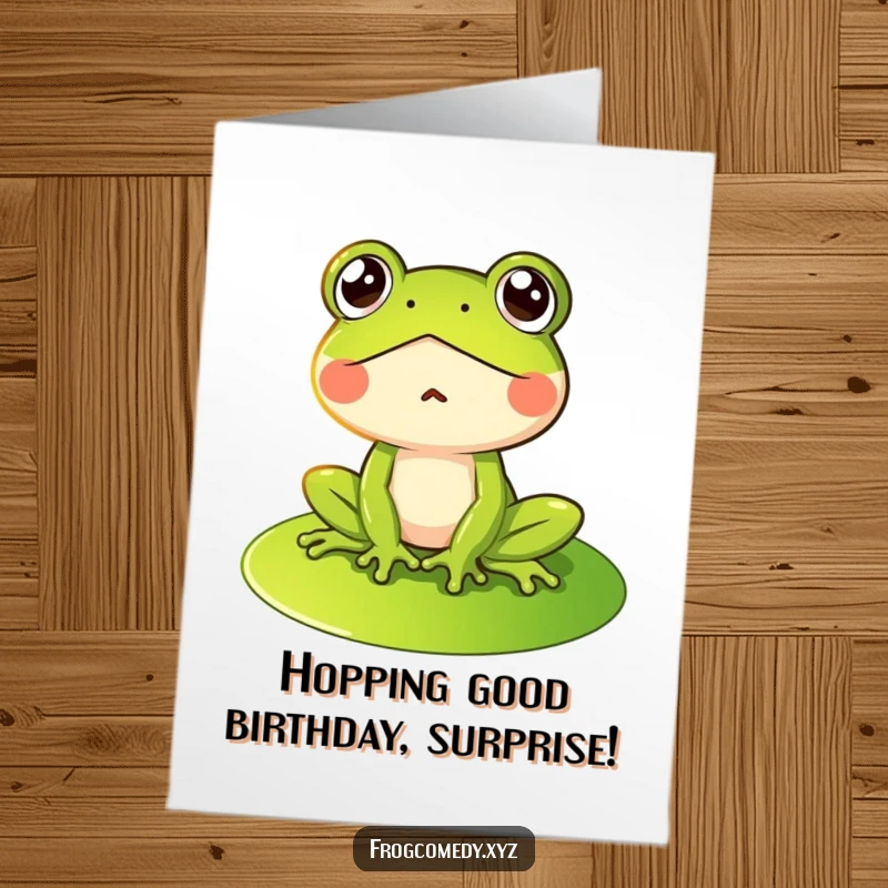 Funny Free Printable Birthday Card: A wide-eyed frog with a shocked expression sits on a lily pad.
