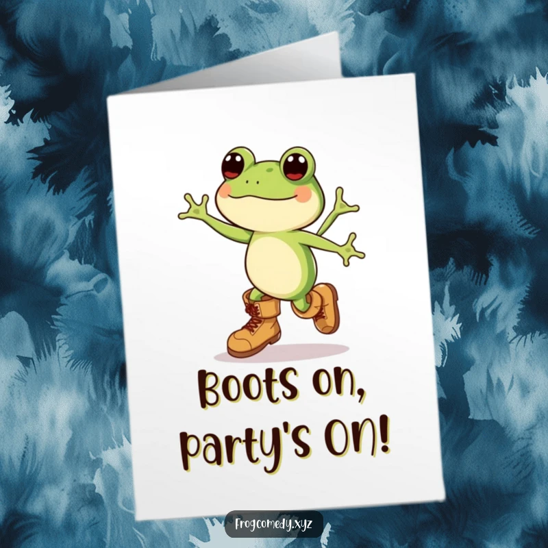 Funny Free Printable Birthday Card: Kawaii frog in oversized boots leaping with pure birthday glee.
