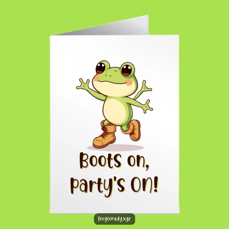 Free Printable Frog Birthday Card: Funny Kawaii Boots Leap for Joy Downloadable Gift