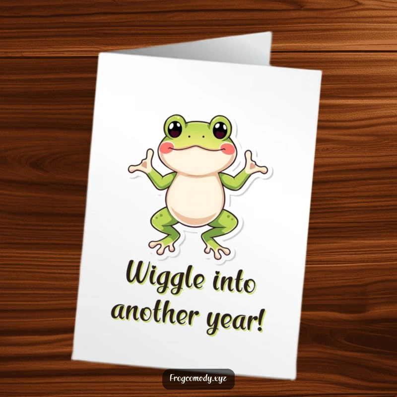 Funny Free Printable Birthday Card featuring a frog doing a silly wiggle dance with its webbed feet, spreading joy.