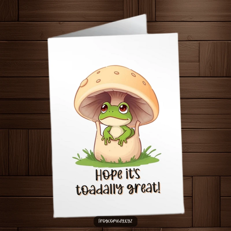 Funny Free Printable Birthday Card: A curious frog peeks out from a cozy, hollowed-out mushroom home with wide eyes.
