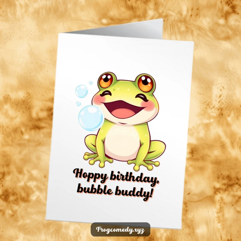 Funny Free Printable Birthday Card: A grinning Kawaii frog gleefully blows colorful bubbles, wishing a very happy birthday with joy.