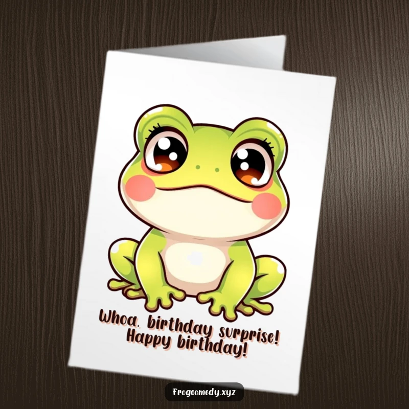 Funny Free Printable Birthday Card: a startled and amused Kawaii frog with crossed eyes, sending birthday wishes.