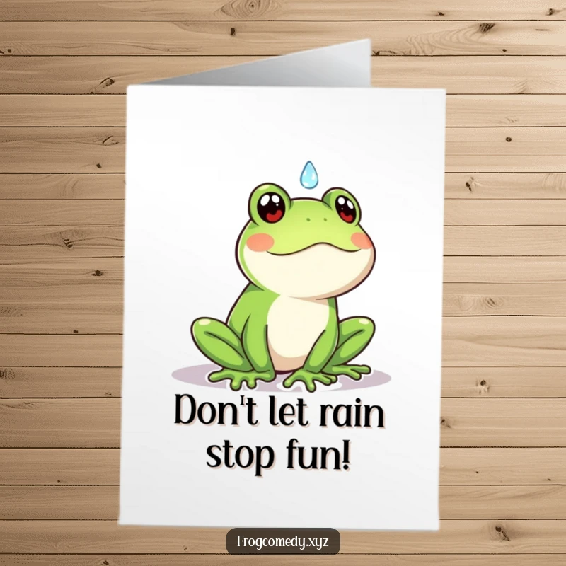 Funny Free Printable Kawaii Frog Birthday Card: A Kawaii frog looking surprised as a raindrop falls towards its head.