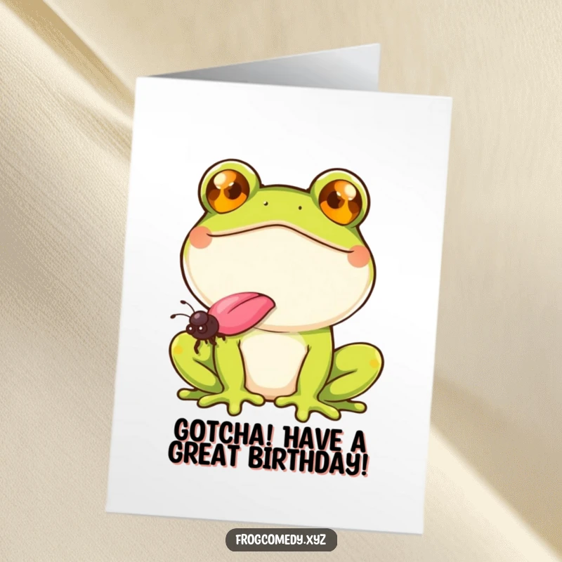 Funny Free Printable Birthday Card: A frog with a huge smile snatches a fly with its long tongue.