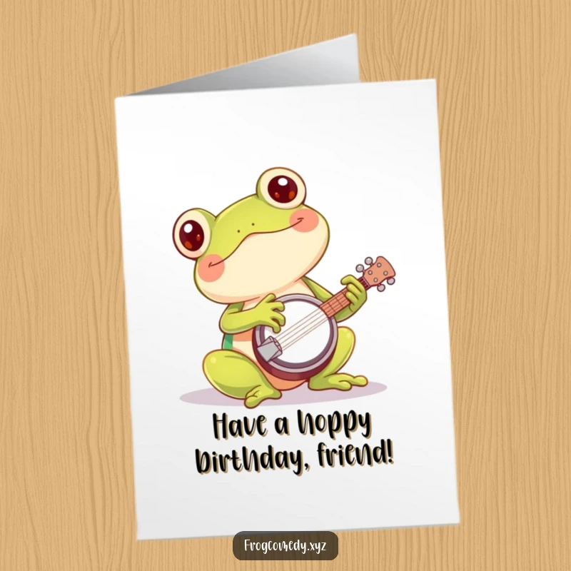 Funny Free Printable Birthday Card: a happy Kawaii frog enthusiastically playing a tiny banjo, sending birthday cheer.