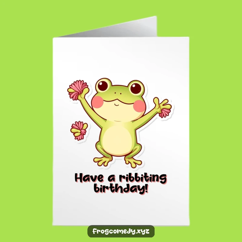 Free Printable Kawaii Frog Cheer Birthday Card - Pom-Pom Fun Downloadable