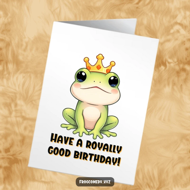 Funny Free Printable Frog Birthday Card with a regal frog wearing a tiny crown, looking distinguished and ready to celebrate.