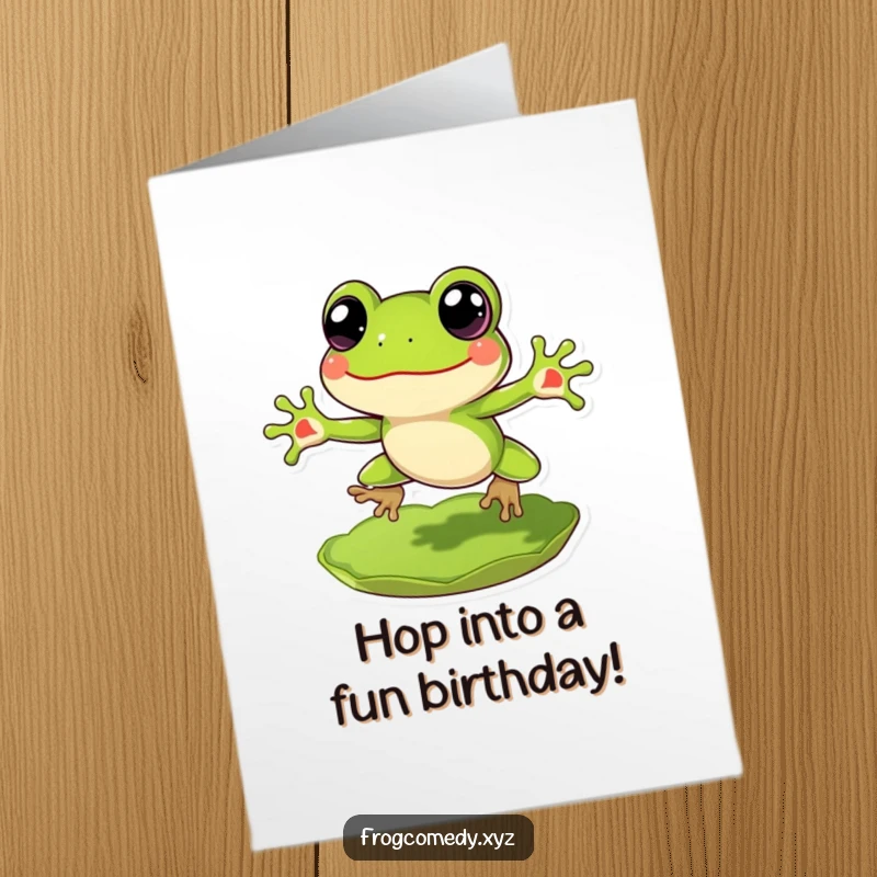 Funny Free Printable Birthday Card: A cheerful frog with big eyes leaping exuberantly from a lily pad, celebrating.