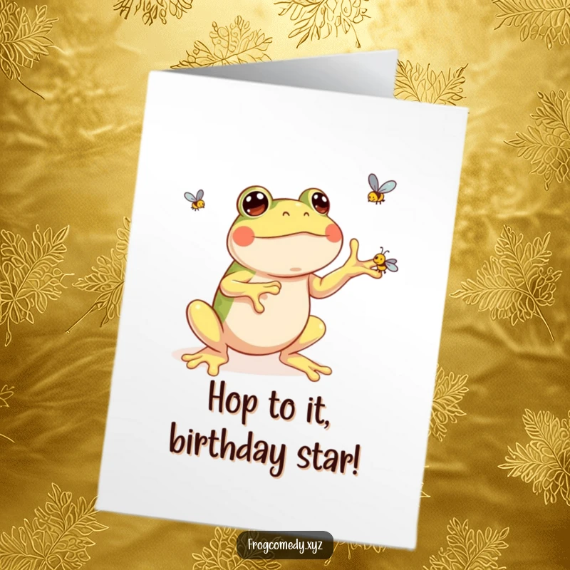 Funny Free Printable Birthday Card: Kawaii frog gleefully juggling three tiny flies, a delightful DIY gift.