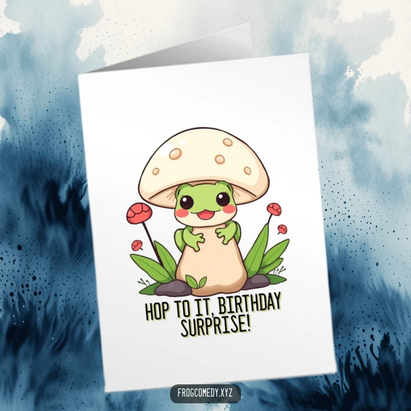 Funny Free Printable Birthday Card: A shy Kawaii frog peeks from behind a giant mushroom.