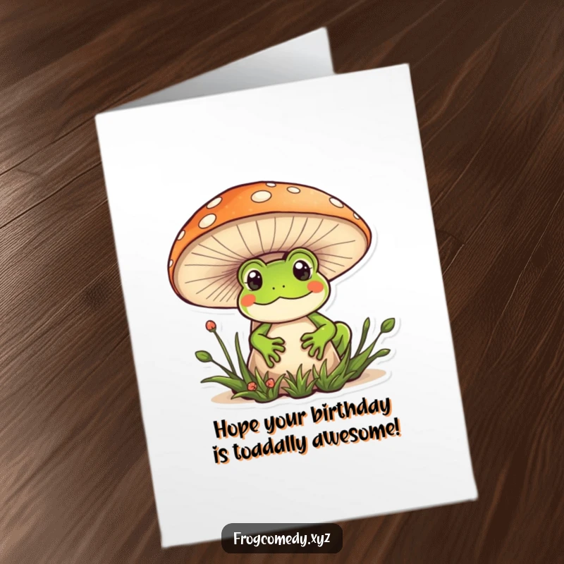 Funny Free Printable Kawaii Frog Birthday Card: A cute frog peeking from behind a large mushroom, wishing a happy birthday.