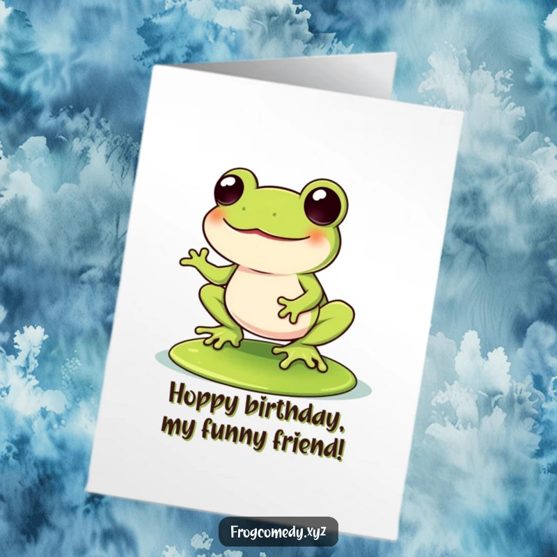 Funny Free Printable Birthday Card: A Kawaii frog wobbles on a lily pad, overcome with infectious laughter and birthday cheer.