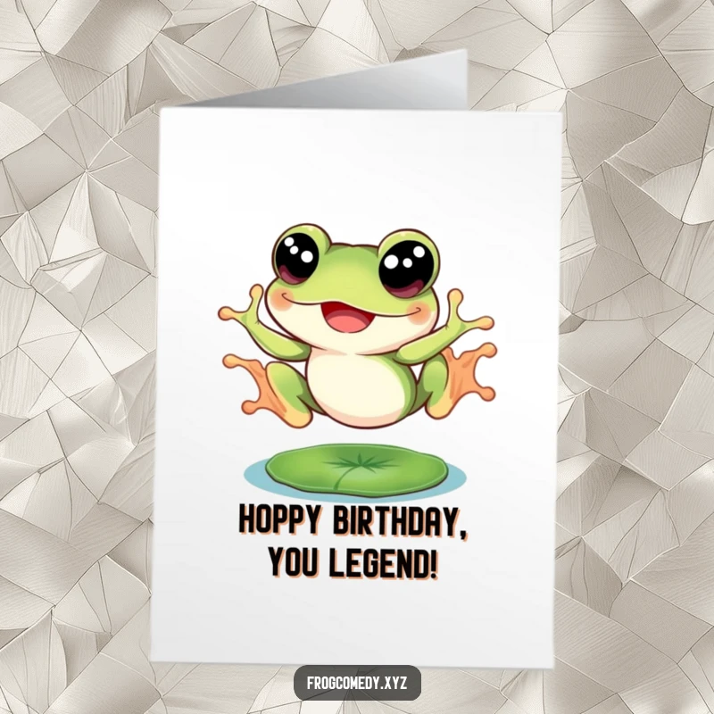 Funny Free Printable Birthday Card: A frog with huge eyes joyfully leaping high from a lily pad.