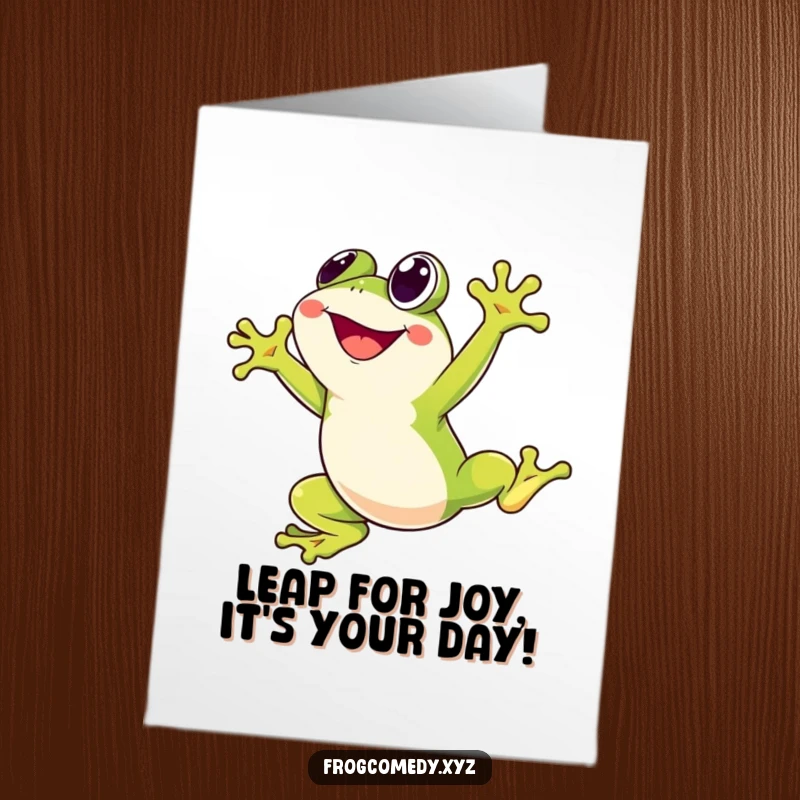 Funny Free Printable Birthday Card: Kawaii frog character joyfully leaping high in the air, energetic birthday greeting card.
