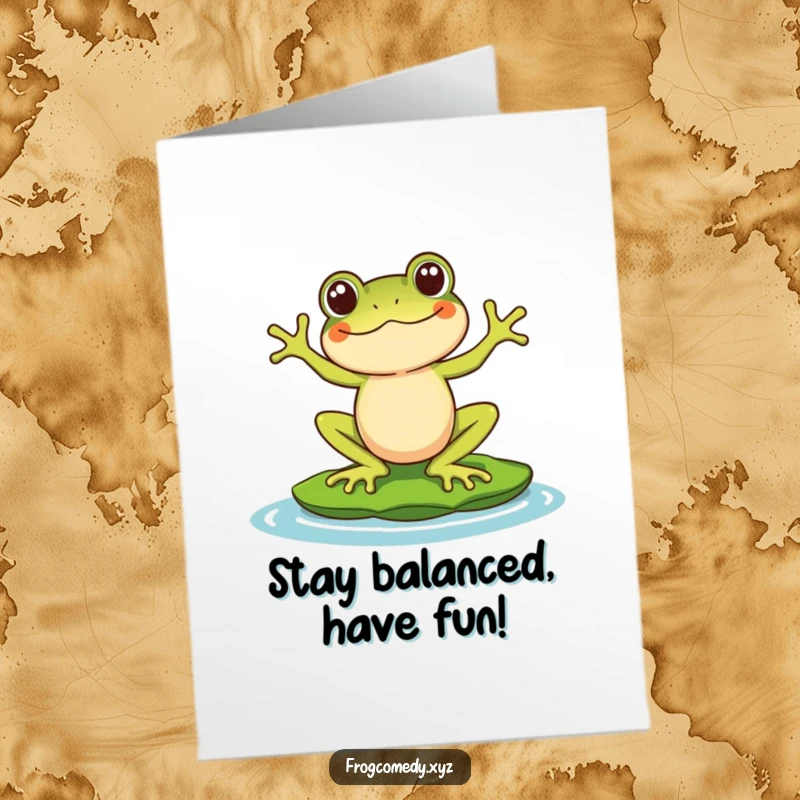 Funny Free Printable Birthday Card: Kawaii frog character comically balancing on a lily pad, humorous birthday greeting.