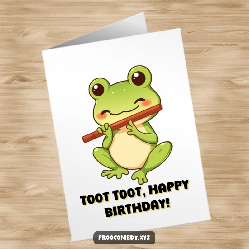 Funny Free Printable Birthday Card: Kawaii frog character playing a tiny flute with a big smile, musical birthday greeting.