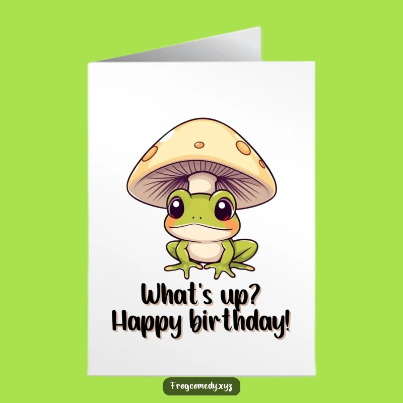 Free Printable Birthday Card: Curious Frog Mushroom Peek, Whimsical Downloadable Greeting