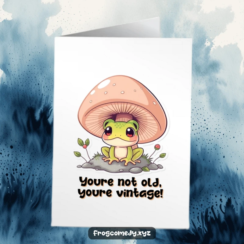 Funny Free Printable Birthday Card: Curious frog peeking out from under a giant mushroom, ready for a birthday surprise.
