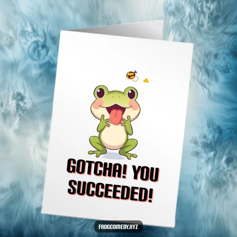 Free Printable Congratulations Card: A frog character with its tongue extended, skillfully catching a fly.
