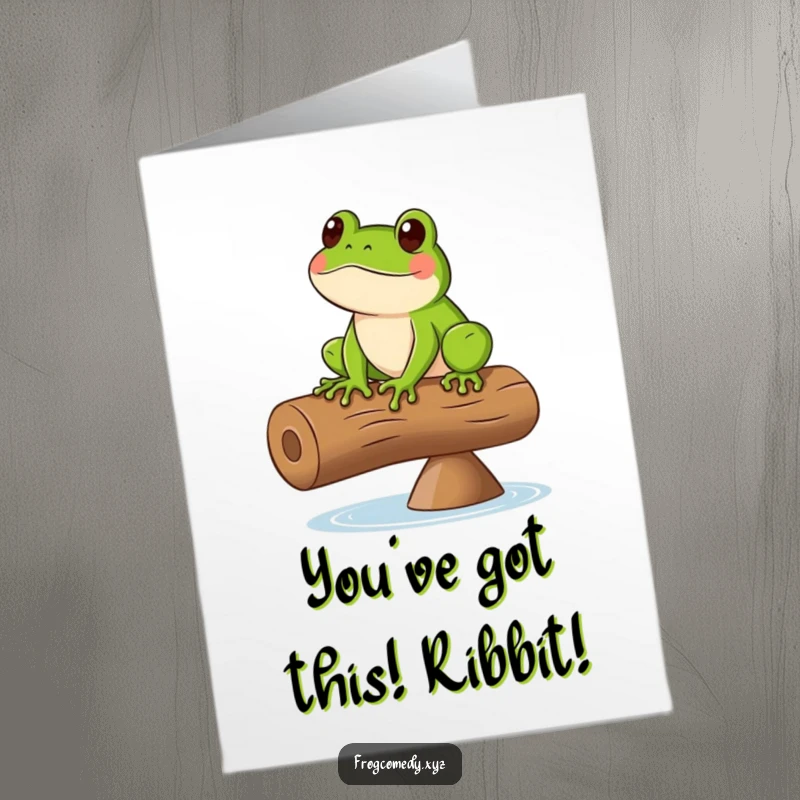Funny free printable congratulations card: A green frog balances precariously on a spinning log, a humorous downloadable.