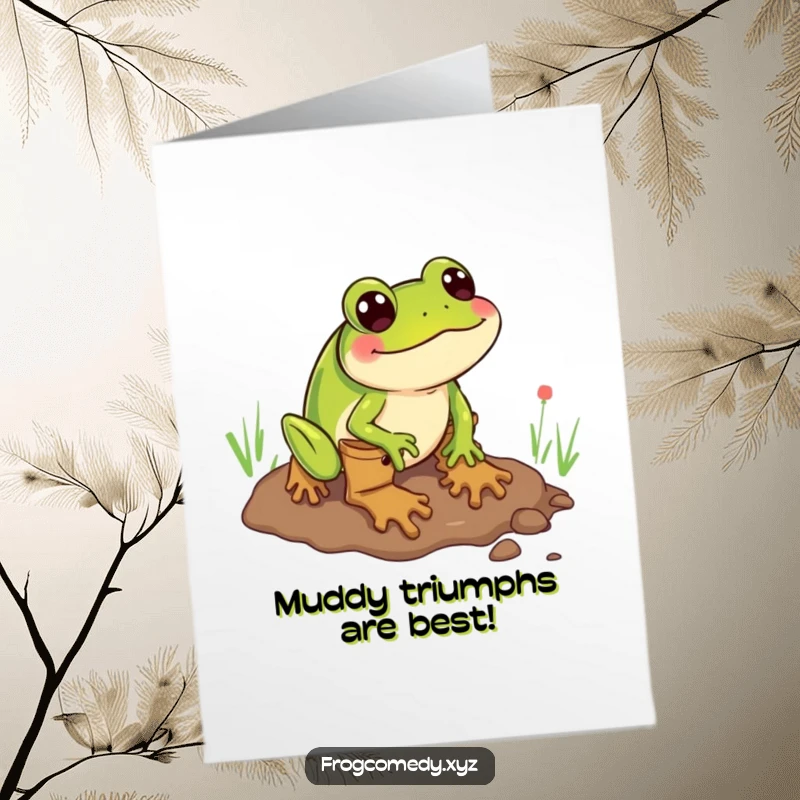 Funny free printable congratulations card: A frog wearing boots comically slides through mud, a humorous downloadable.