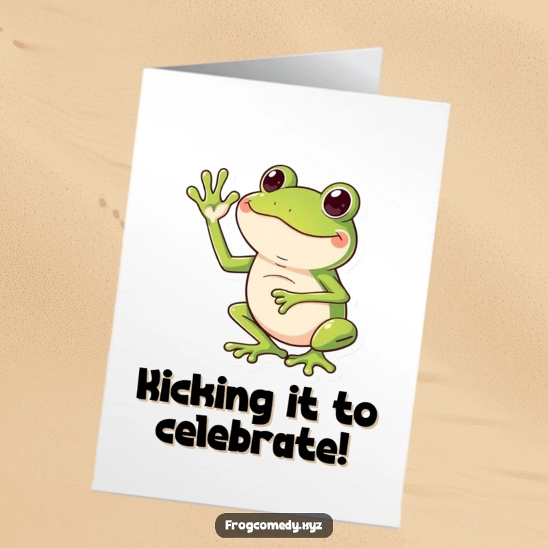 Funny Free Printable Congrats Card: Frog using long legs to wave hello or goodbye, cartoon humor.