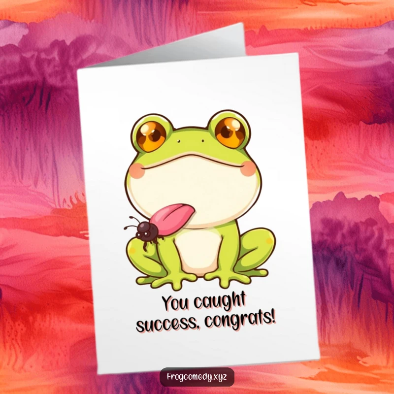 Funny Free Printable Congratulations Card: Frog with a massive smile uses its tongue to catch a fly, celebrating a win.