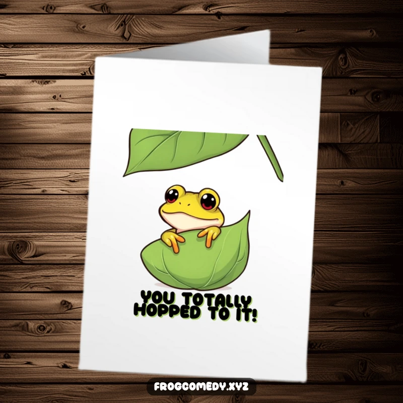 Funny Free Printable Frog Congratulations Card with a curious frog peeking from behind a leaf, sharing in the joy.