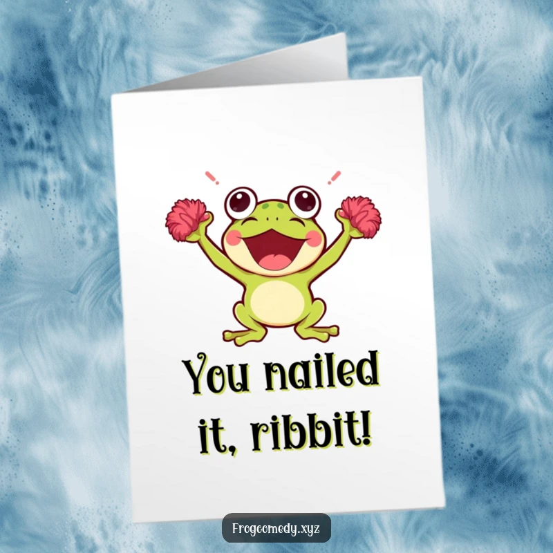 Funny Free Printable Congratulations Card: A Kawaii frog jumps with joy, holding pom-poms.