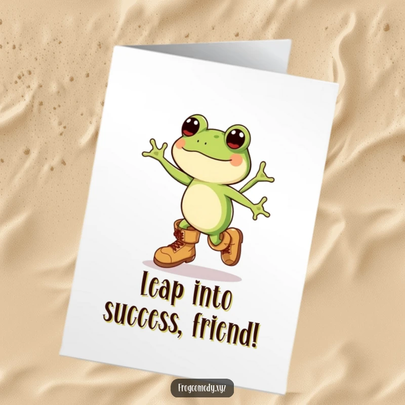 Funny Free Printable Congrats Card: Kawaii frog sporting huge boots, triumphantly leaping for joy.