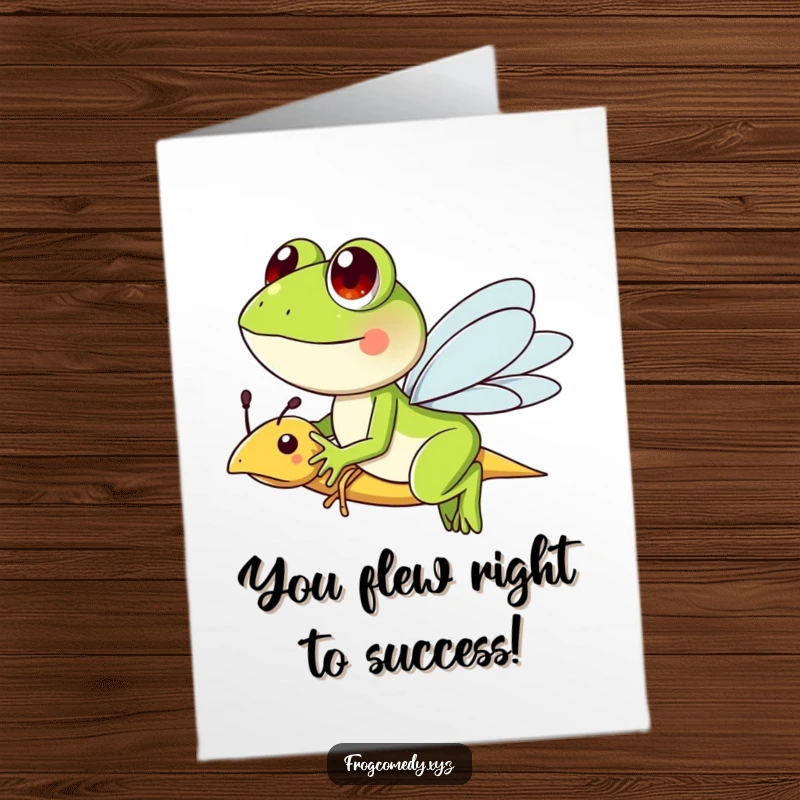Funny Free Printable Congratulations Card: A frog enjoys a dragonfly ride, celebrating success with a joyful journey.