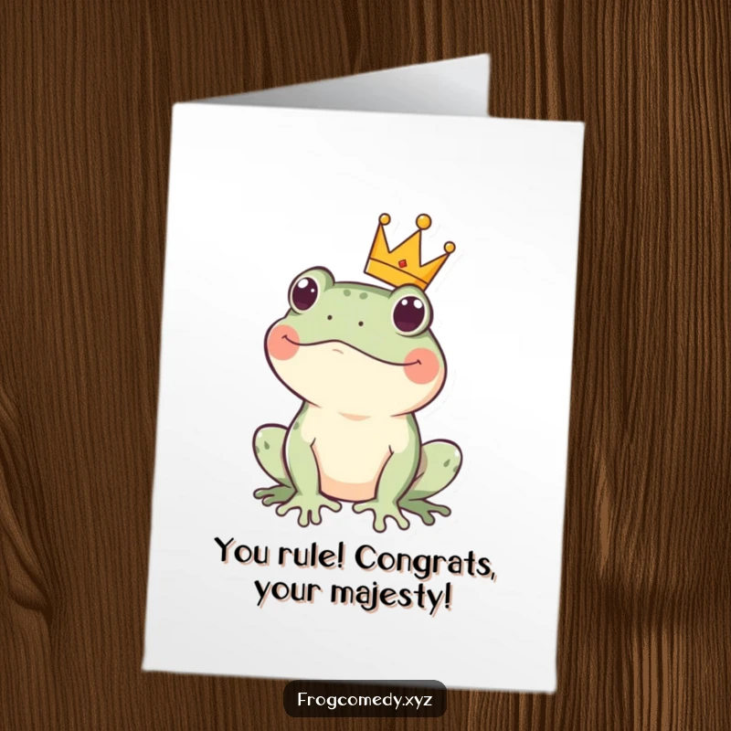 Funny Free Printable Congratulations Card: a playful Kawaii frog with a crown, celebrating a regal victory.