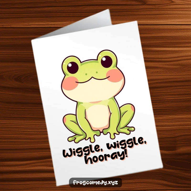 Funny Free Printable Congratulations Card featuring a frog with rosy cheeks doing a happy, celebratory wiggle. A delightful downloadable gift.