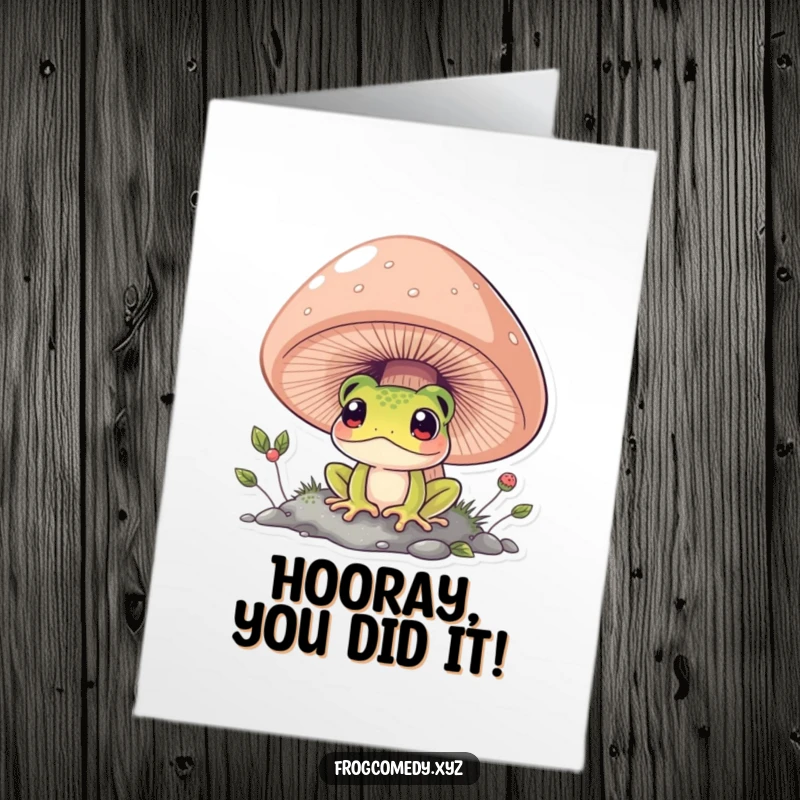 Funny Free Printable Congrats Card: A curious frog peeks from under a large mushroom, celebrating your big achievement.