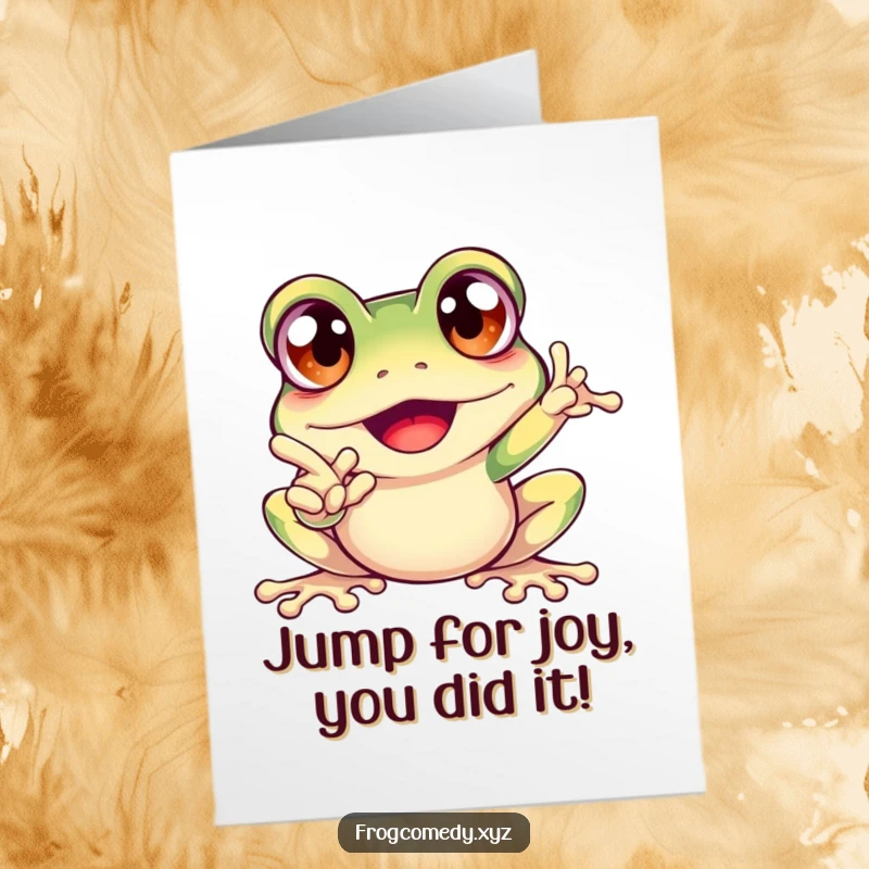 Funny Free Printable Congratulations Card: An excited frog with wide eyes points, celebrating success with gusto.