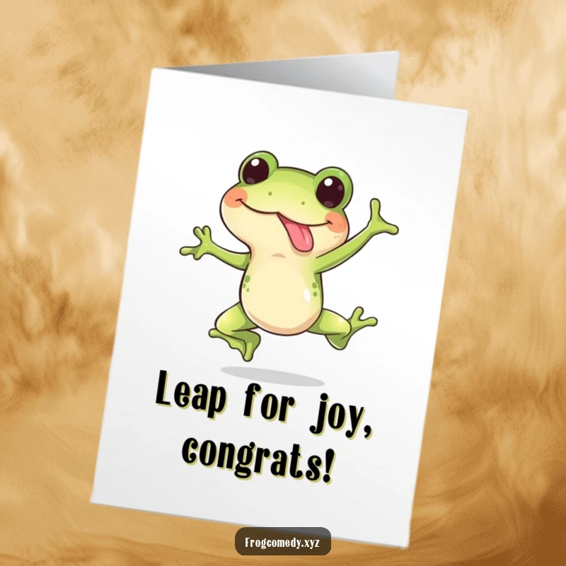 Funny Free Printable Congrats Card: A happy frog in a silly leap, tongue out, celebrating good news with excitement.