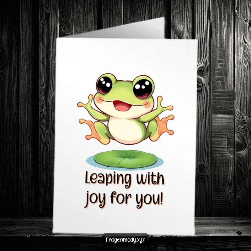 Funny Free Printable Congratulations Card: Joyful frog with oversized eyes mid-leap, celebrating big news with enthusiasm.